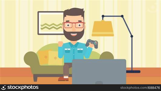 A hipster man with gamepad in hands sitting on a sofa in living room vector flat design illustration. Horizontal layout.. Man playing video game.