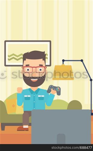 A hipster man with gamepad in hands sitting on a sofa in living room vector flat design illustration. Vertical layout.. Man playing video game.
