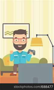 A hipster man with gamepad in hands sitting on a sofa in living room vector flat design illustration. Vertical layout.. Man playing video game.