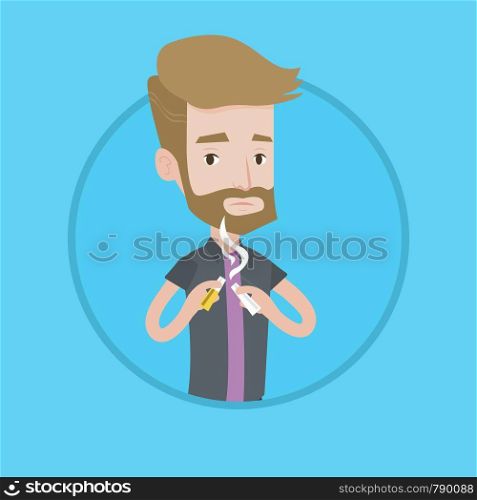 A hipster man with the beard breaking the cigarette. Man crushing cigarette. Man holding broken cigarette. Quit smoking concept. Vector flat design illustration in the circle isolated on background.. Young man quitting smoking vector illustration.