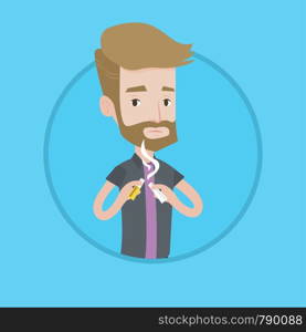 A hipster man with the beard breaking the cigarette. Man crushing cigarette. Man holding broken cigarette. Quit smoking concept. Vector flat design illustration in the circle isolated on background.. Young man quitting smoking vector illustration.