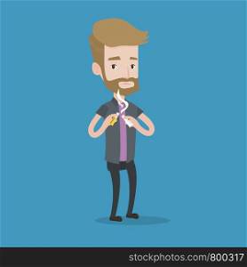 A hipster man with the beard breaking the cigarette. Man crushing cigarette. Man holding broken cigarette. Quit smoking concept. Vector flat design illustration. Square layout.. Young man quitting smoking vector illustration.