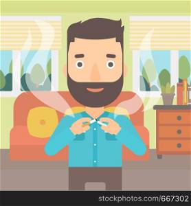 A hipster man with the beard breaking the cigarette on the background of living room vector flat design illustration. Square layout.. Man quit smoking.