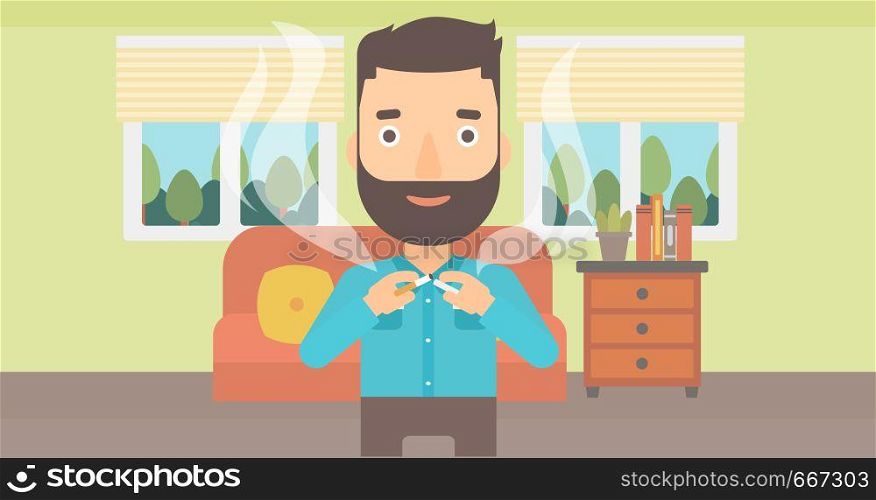A hipster man with the beard breaking the cigarette on the background of living room vector flat design illustration. Horizontal layout.. Man quit smoking.