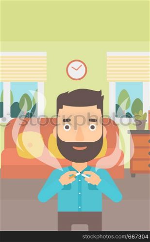 A hipster man with the beard breaking the cigarette on the background of living room vector flat design illustration. Vertical layout.. Man quit smoking.