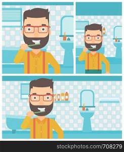 A hipster man with the beard brushing his teeth with a toothbrush in bathroom. Vector flat design Illustration. Square, horizontal, vertical layouts.. Man brushing teeth.