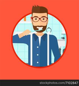 A hipster man with the beard brushing his teeth with a toothbrush in bathroom. Smiling man holding toothbrush. Vector flat design illustration in the circle isolated on background.. Man brushing teeth.