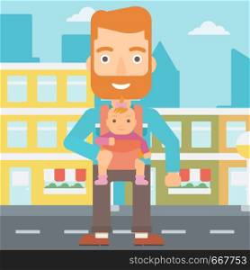 A hipster man with the beard carrying a baby in sling on the background of modern city vector flat design illustration. Square layout.. Man holding baby in sling.