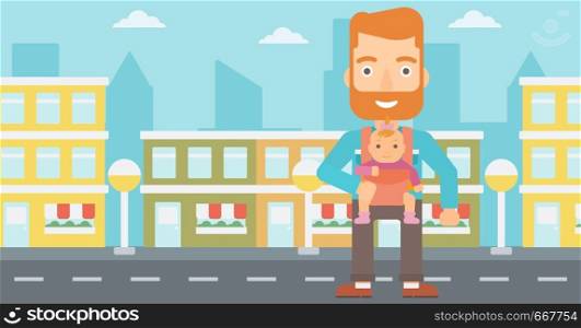 A hipster man with the beard carrying a baby in sling on the background of modern city vector flat design illustration. Horizontal layout.. Man holding baby in sling.
