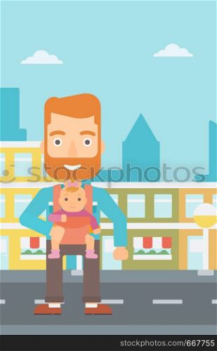 A hipster man with the beard carrying a baby in sling on the background of modern city vector flat design illustration. Vertical layout.. Man holding baby in sling.