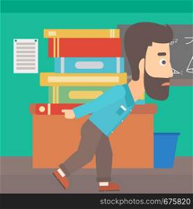 A hipster man with the beard carrying a pile of books on his back on the background of classroom vector flat design illustration. Square layout.. Man with pile of books.