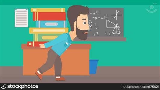 A hipster man with the beard carrying a pile of books on his back on the background of classroom vector flat design illustration. Horizontal layout.. Man with pile of books.