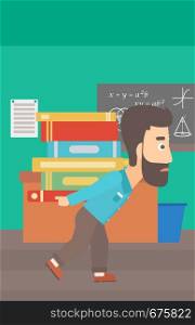 A hipster man with the beard carrying a pile of books on his back on the background of classroom vector flat design illustration. Vertical layout.. Man with pile of books.