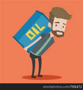 A hipster man with the beard carrying an oil barrel on his back. Sad man walking with oil barrel on his back. Vector flat design illustration. Square layout.. Man carrying oil barrel vector illustration.