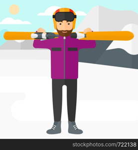 A hipster man with the beard carrying skis on his shoulders on the background of snow capped mountain vector flat design illustration. Square layout.. Man holding skis.