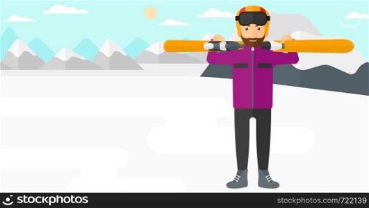 A hipster man with the beard carrying skis on his shoulders on the background of snow capped mountain vector flat design illustration. Horizontal layout.. Man holding skis.