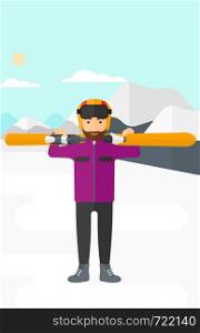 A hipster man with the beard carrying skis on his shoulders on the background of snow capped mountain vector flat design illustration. Vertical layout.. Man holding skis.