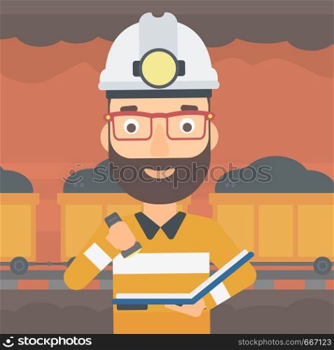 A hipster man with the beard checking a paper plan on the background of mining tunnel with cart full of coal vector flat design illustration. Square layout. . Miner checking documents.