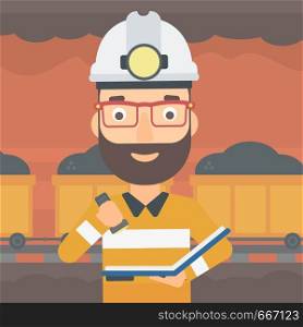 A hipster man with the beard checking a paper plan on the background of mining tunnel with cart full of coal vector flat design illustration. Square layout. . Miner checking documents.