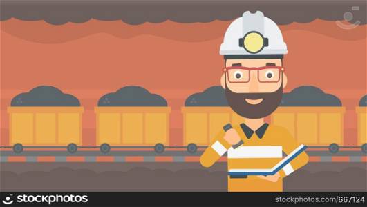 A hipster man with the beard checking a paper plan on the background of mining tunnel with cart full of coal vector flat design illustration. Horizontal layout. . Miner checking documents.