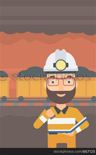 A hipster man with the beard checking a paper plan on the background of mining tunnel with cart full of coal vector flat design illustration. Vertical layout. . Miner checking documents.