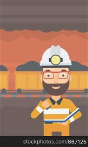 A hipster man with the beard checking a paper plan on the background of mining tunnel with cart full of coal vector flat design illustration. Vertical layout. . Miner checking documents.