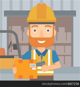 A hipster man with the beard checking barcode of a box with a scanner on the background of cardboard boxes in warehouse vector flat design illustration. Square layout.. Worker checking barcode on box.