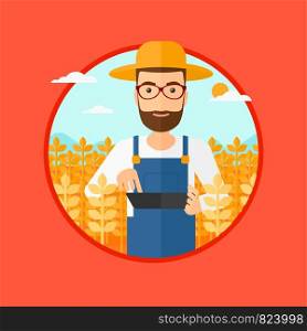 A hipster man with the beard checking plants on a field and working on a digital tablet. Vector flat design illustration in the circle isolated on red background.. Man with tablet computer on field.