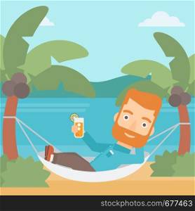 A hipster man with the beard chilling in hammock on the beach with a cocktail in a hand vector flat design illustration. Square layout.. Man chilling in hammock.