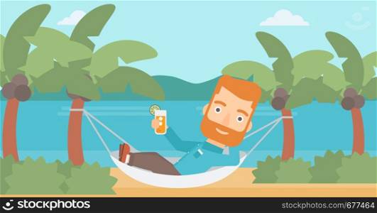 A hipster man with the beard chilling in hammock on the beach with a cocktail in a hand vector flat design illustration. Horizontal layout.. Man chilling in hammock.