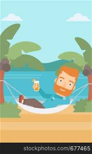 A hipster man with the beard chilling in hammock on the beach with a cocktail in a hand vector flat design illustration. Vertical layout.. Man chilling in hammock.