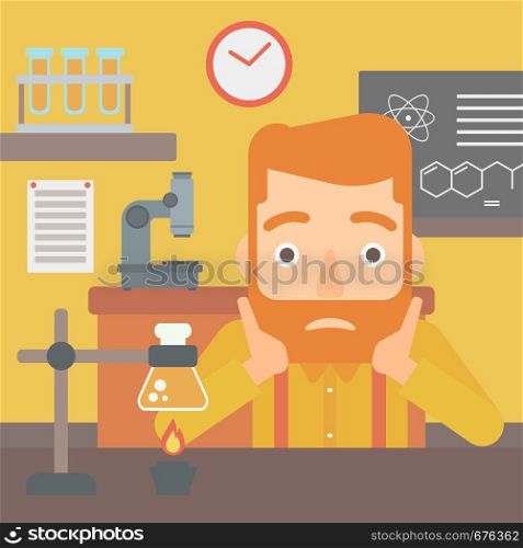 A hipster man with the beard clutching his head on the background of chemistry class vector flat design illustration. Square layout.. Man in despair clutching his head.