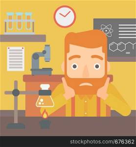 A hipster man with the beard clutching his head on the background of chemistry class vector flat design illustration. Square layout.. Man in despair clutching his head.