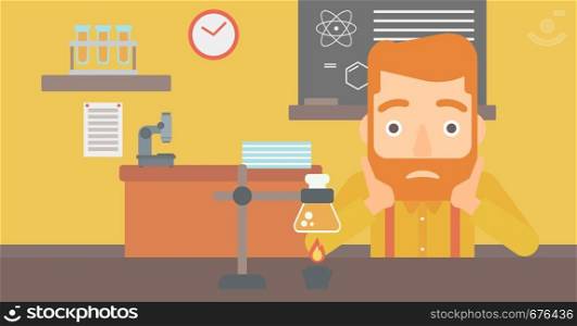 A hipster man with the beard clutching his head on the background of chemistry class vector flat design illustration. Horizontal layout.. Man in despair clutching his head.