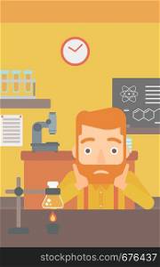 A hipster man with the beard clutching his head on the background of chemistry class vector flat design illustration. Vertical layout.. Man in despair clutching his head.