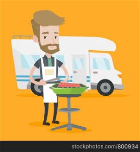 A hipster man with the beard cooking meat on barbecue on the background of camper van. Young man travelling by camper van and having barbecue party. Vector flat design illustration. Square layout.. Man having barbecue in front of camper van.