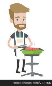 A hipster man with the beard cooking meat on the barbecue grill. Young caucasian man having barbecue party. Man preparing barbecue. Vector flat design illustration isolated on white background.. Young man cooking meat on the barbecue grill.