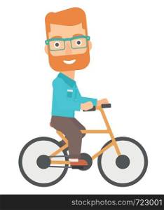 A hipster man with the beard cycling to work vector flat design illustration isolated on white background.. Man cycling to work.