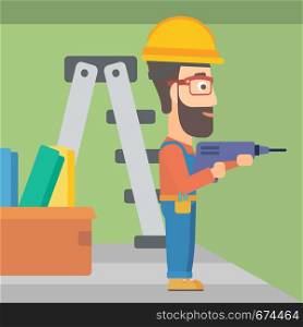A hipster man with the beard drilling a hole in the wall using a perforator vector flat design illustration. Square layout.. Constructor with perforator.