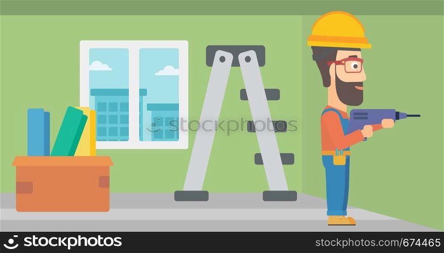 A hipster man with the beard drilling a hole in the wall using a perforator vector flat design illustration. Horizontal layout.. Constructor with perforator.