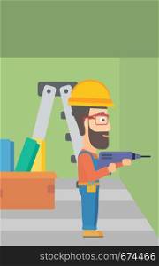 A hipster man with the beard drilling a hole in the wall using a perforator vector flat design illustration. Vertical layout.. Constructor with perforator.