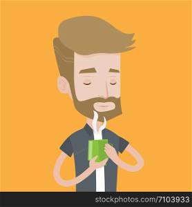 A hipster man with the beard drinking hot flavored coffee. Young smiling man holding cup of coffee with steam. Man with his eyes closed enjoying coffee. Vector flat design illustration. Square layout.. Man enjoying cup of hot coffee vector illustration