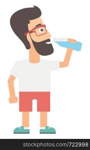 A hipster man with the beard drinking water vector flat design illustration isolated on white background.. Man drinking water.