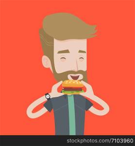 A hipster man with the beard eating hamburger. Happy man with eyes closed biting hamburger. Young smiling man is about to eat delicious hamburger. Vector flat design illustration. Square layout.. Man eating hamburger vector illustration.