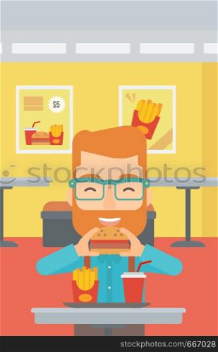 A hipster man with the beard eating hamburger on a cafe background vector flat design illustration. Vertical layout.. Man eating hamburger.