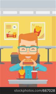 A hipster man with the beard eating hamburger on a cafe background vector flat design illustration. Vertical layout.. Man eating hamburger.