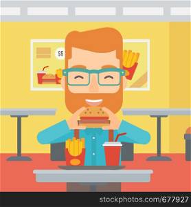 A hipster man with the beard eating hamburger on a cafe background vector flat design illustration. Square layout.. Man eating hamburger.