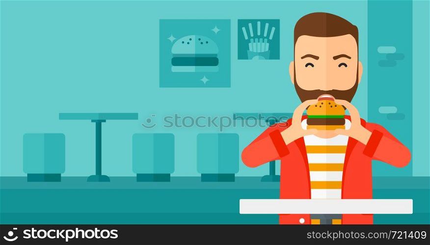 A hipster man with the beard eating hamburger on a cafe background vector flat design illustration. Horizontal layout.. Man eating hamburger.
