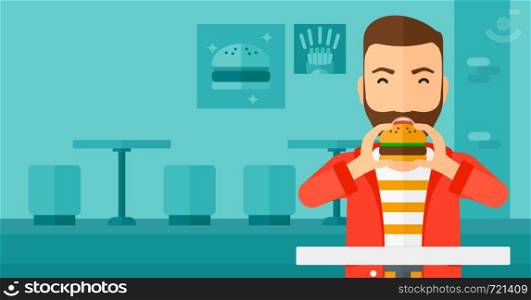 A hipster man with the beard eating hamburger on a cafe background vector flat design illustration. Horizontal layout.. Man eating hamburger.