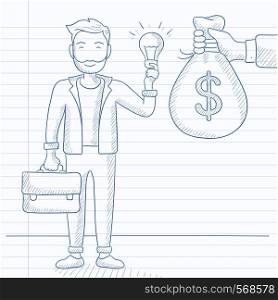 A hipster man with the beard exchanging his idea bulb to money bag. Hand drawn vector sketch illustration. Notebook paper in line background.. Successful business idea.